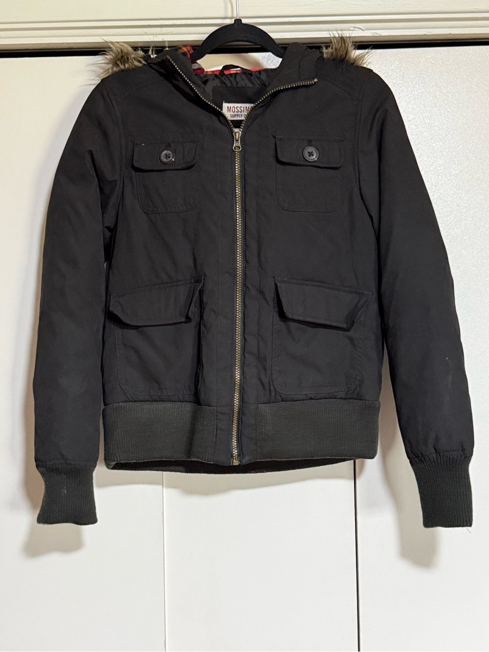 Mossimo Supply Co Black Faux Fur Hood Plaid Lined Utility Bomber Jacket Medium - Picture 2 of 14